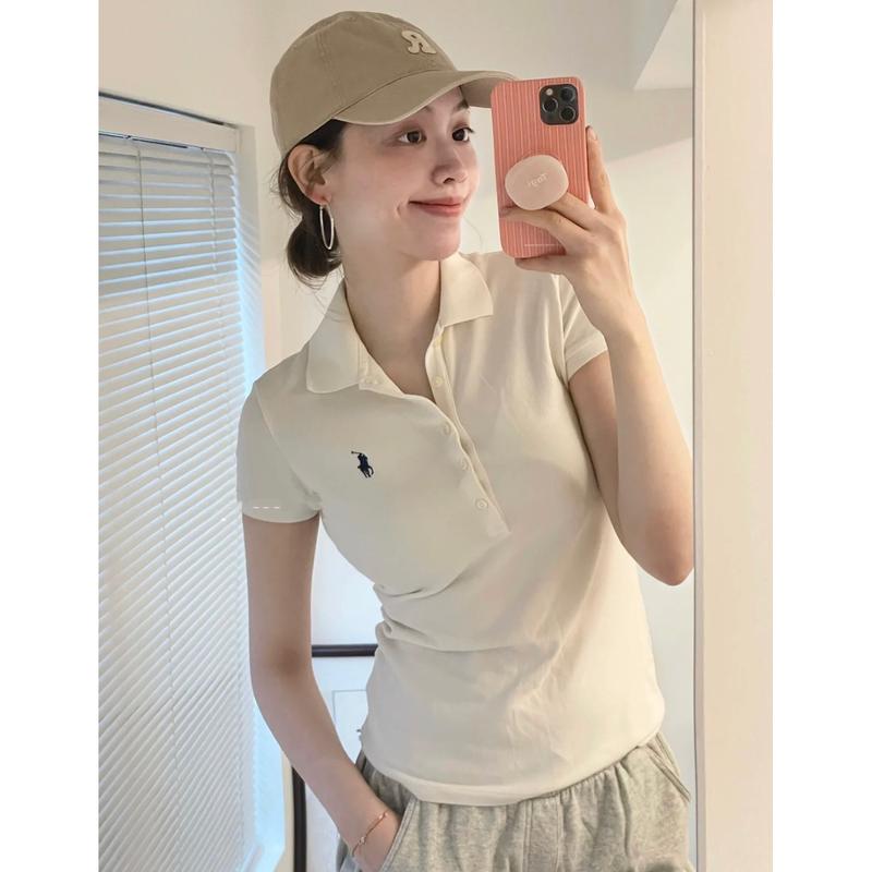 Áo Polo Thêu Logo Ngựa, Dáng Ôm, Ve Áo, Áo Phông Trắng, Phong Cách Đơn Giản, ngắn Tay Nữ, 2772 Người Ca Méo 3