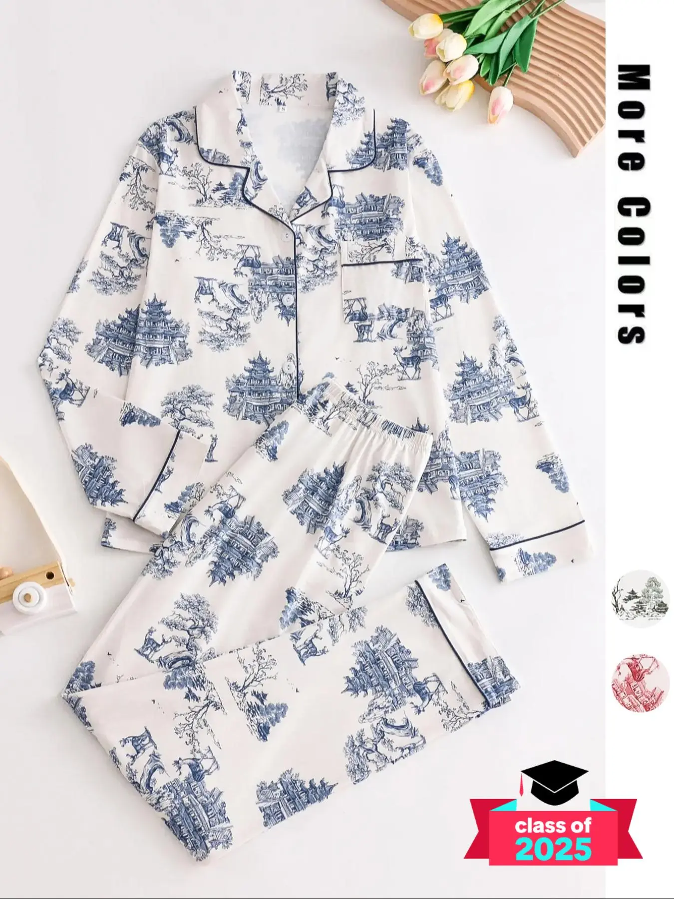 Two-piece Set Women's All Over Print Button Front Pocket Lapel Shirt & Elastic Waist Pants Pyjama, Casual Comfy Long Sleeve Top & Trousers Pj Set, Women's Sleepwear for Spring & Fall, Loungewear