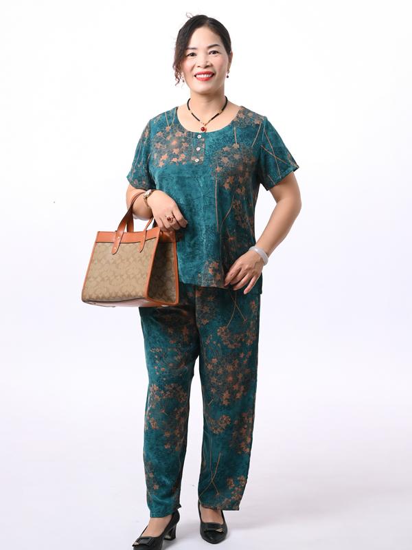 (DÀI TAY NGẮN XXL) đồ bộ LỤA TƠ TẰM in hoa lá  cao cấp BIG SIZE cho mẹ và bà tay ngắn, quần ống rộng, mềm mại , mịn mát Voi Ong Women Nữ dobo Áo Sen Top đobo tang me 3