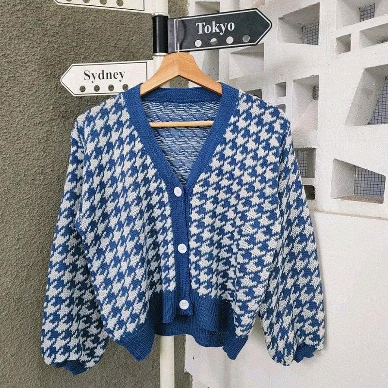 Product Introduction of Cardigan Houdstooth Autumn Semi Crop Outer Sweater 10