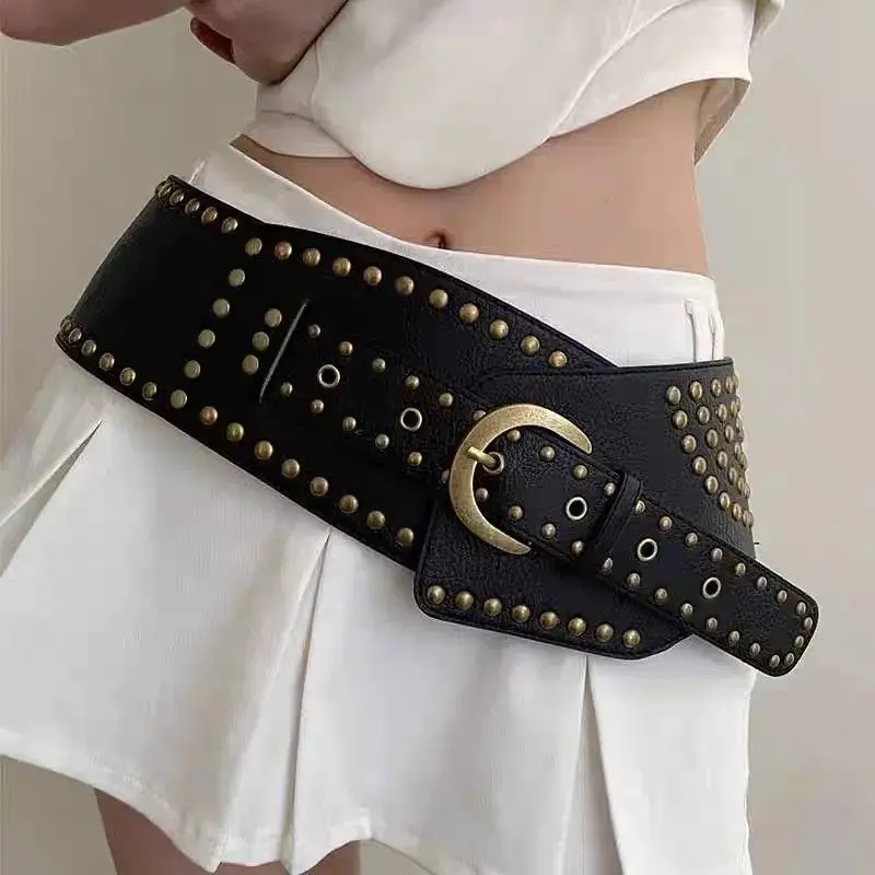 Thắt Lưng Bản Rộng, Thời Trang Cao Cấp Cổ Điển Của Phụ Nữ, Dễ Phối Đồ Trang Trí, Thích Hợp Cho Váy, Đinh Tán Punk, Bịt Kín Eo, Màu Đen Cua