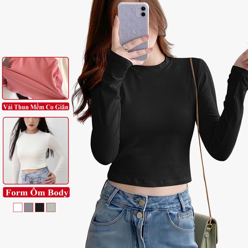 Áo croptop dài tay trơn cổ tròn dáng ôm vải thun bozzip dày dặn,croptop tay dài trơn cổ tròn dáng ôm Nữ Women