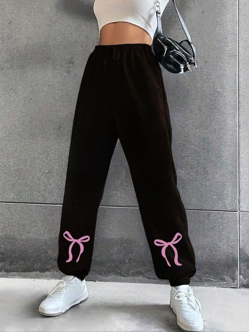 Product Introduction of Women's Bow Print Drawstring Waist Sweatpants, Casual Pocket Jogger Pants for Daily Wear, Ladies Bottoms for Spring & Fall 1