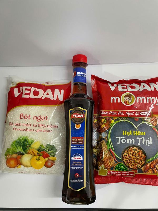 Combo Gia vị Vedan- Bột ngọt Vedan túi 454g hạt to - hạt nêm Tôm Thịt 400gram - Nước mắm Vedan chai 500ml cooking oil