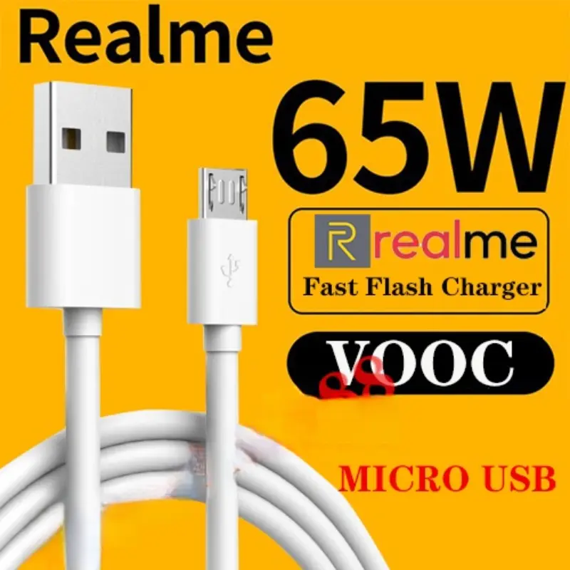 Pengecas Realme, Kabel USB Mikro 5A, Pengecasan Pantas VOOC Denyar, Talian Data Android V8, Serasi C2 dan C3, 100% Tulen