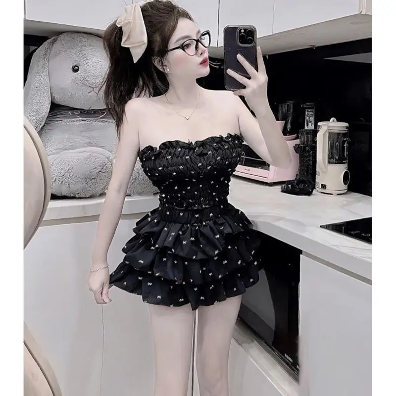SET123 Set Áo Ống Nhún Chỉ Họa Tiết Chân Váy Tầng Nữ Women 0