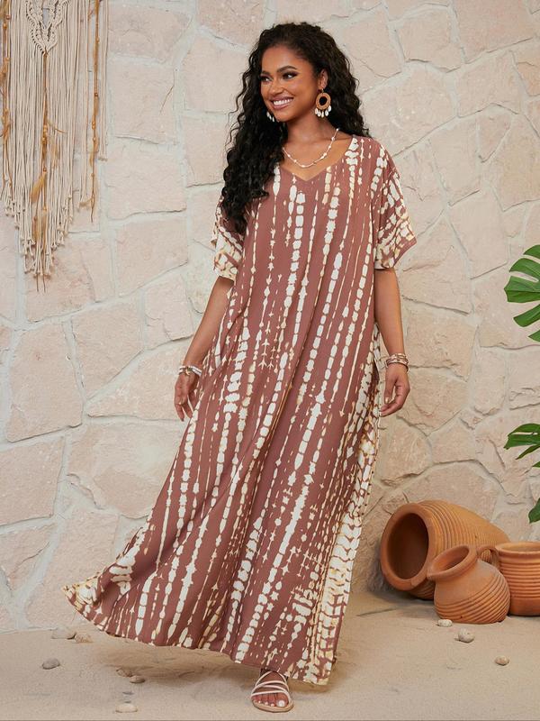 Plus Size All Over Print Batwing Sleeve Split Hem V Neck Dress, Casual Half Sleeve Long Dress for Summer Beach Vacation Holiday, Women's Plus Size Clothing 2