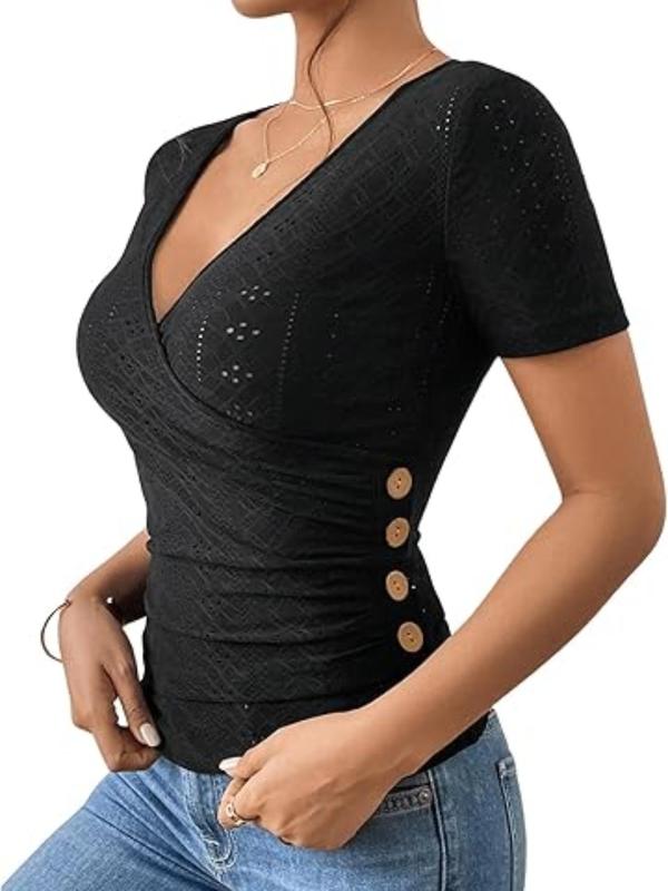 Women's Plain Eyelet Embroidery Ruched Wrap V Neck Tee, Elegant Fake Buttons Decor Short Sleeve T-shirt for Summer, Ladies Clothes for Daily Wear 6