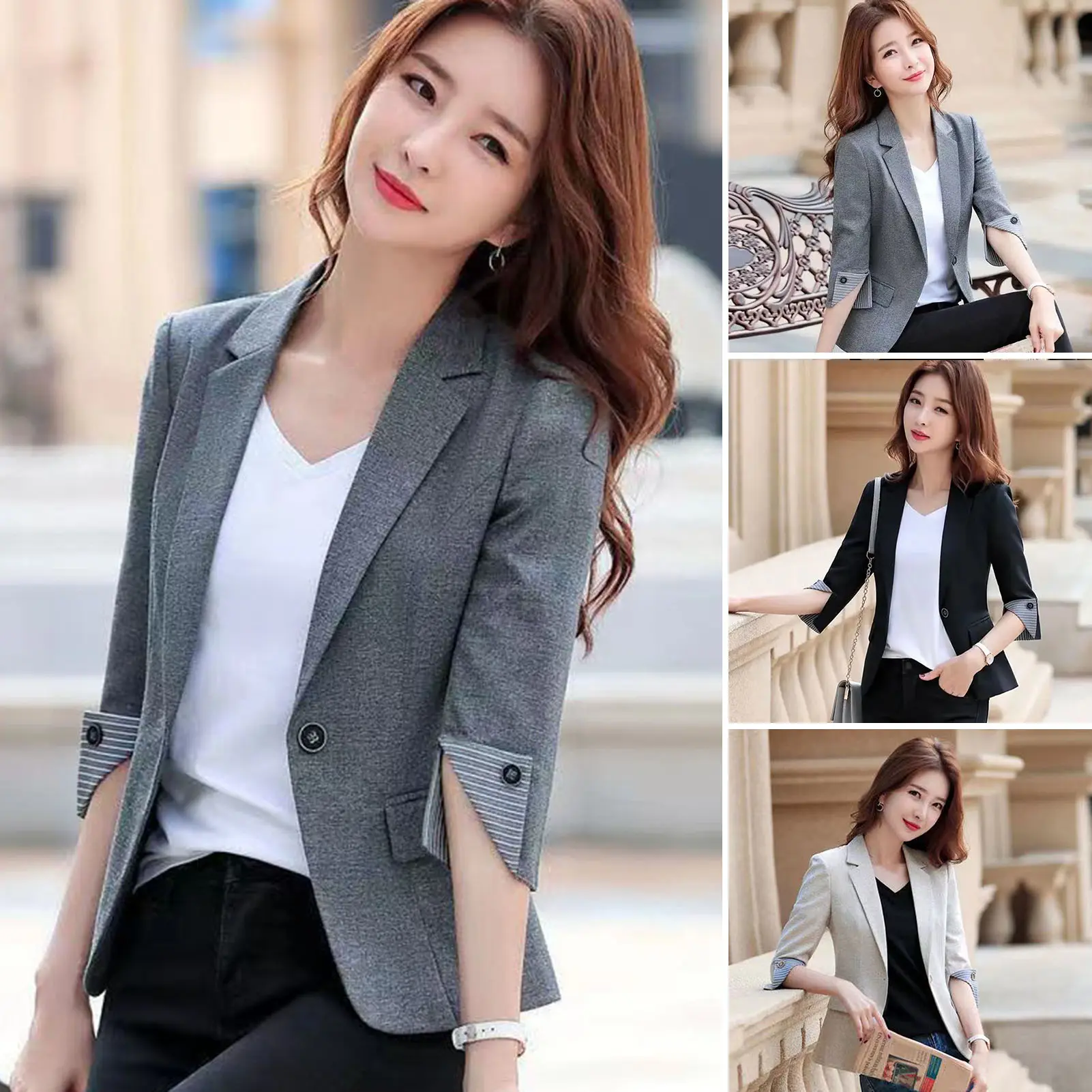 [GE] Autumn Blazer Three Quarter Sleeves Lapel Notch Collar Solid Color Formal Thermal Cardigan Plus Size Business Lady Coat Party