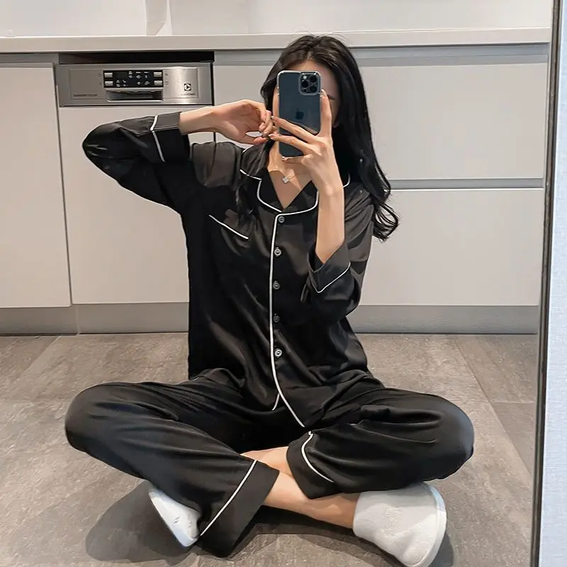 Đồ Ngủ Nữ, Bộ Mùa Xuân Và Mùa Thu, Chất Liệu Lụa Lạnh Hàng Mới Về 2022, Quần Dài Mỏng, Bộ Dài Tay, Đồ Mặc Ở Nhà Giả Lụa 2