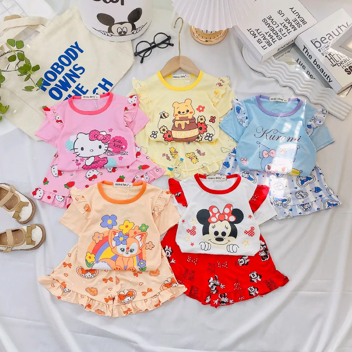 (Size 7kg đến 25kg) Bộ tay ngắn thun lạnh phối bèo in hình họa tiết dễ thương bé gái Minkey Baby Tiệm Mẹ Shin QATE