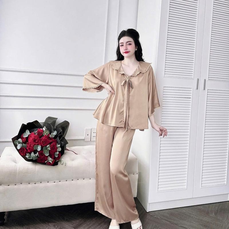 From RỘNG (45-70kg) Bộ Quần Áo Tiểu Thư Quần Dài, Áo Nơ Tay Lững Phối Ren Nữ Women 1