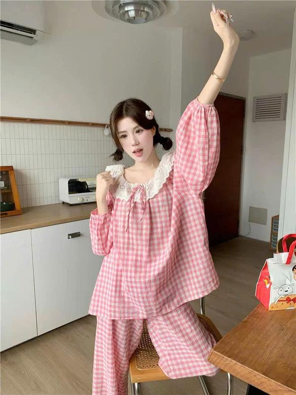 Bộ Karo Bèo Cổ - Áo Cổ Bèo Dài Tay + Quần Suông Phom Rộng - Chất Liệu Đủi Karo Hottrend - Hà Huế Shop 4
