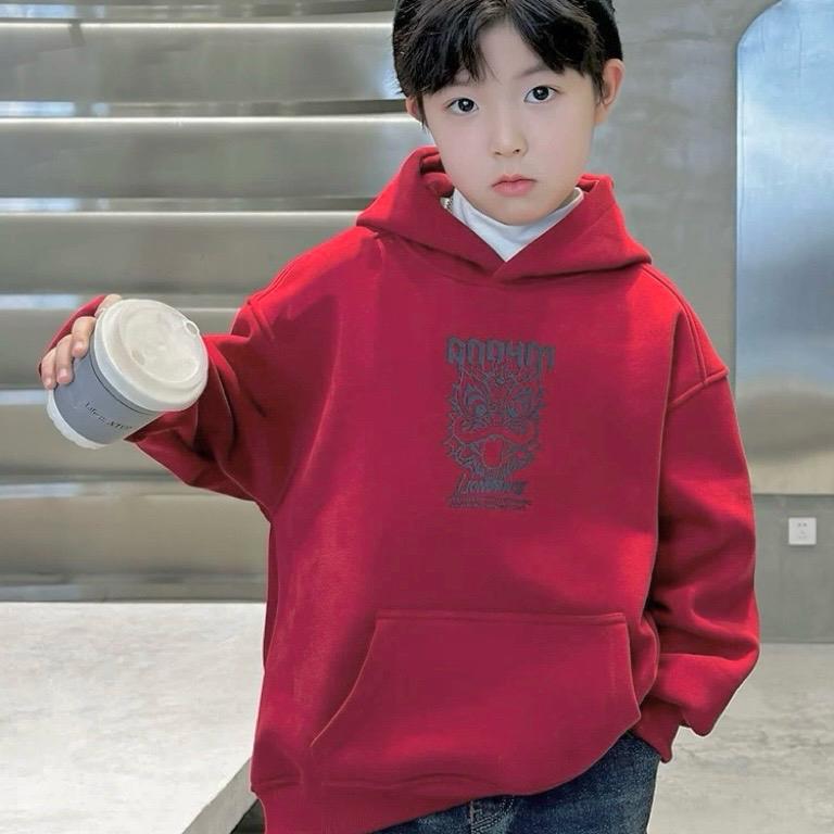 [22-50KG] ÁO NỈ HOODIE ĐỎ DÀI TAY CÓ LÓT LÔNG DÀY ẤM IN HOẠ TIẾT LION, ÁO MẶC TẾT, ÁO MŨ DÀY ẤM 4