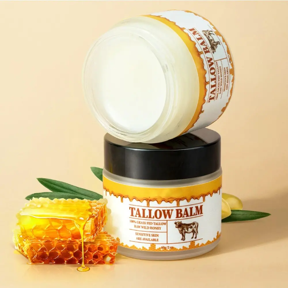 Beef Tallow Balm Raw Wild Honey Face Cream Cosmetics Grass Fed Organic Hydrating Tallow Face Moisturizer Natural Skin Care Whole Body Care Avocado Moisturizing Cream for Women