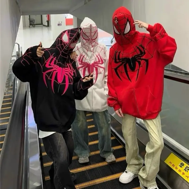 Áo khoác in nhện dây kéo đến nón trùm đầu.chất thun dày mềm mịn, mát, form to bự 80kg Nam Menswear Hoodie Dài Tay Đen Kem 6