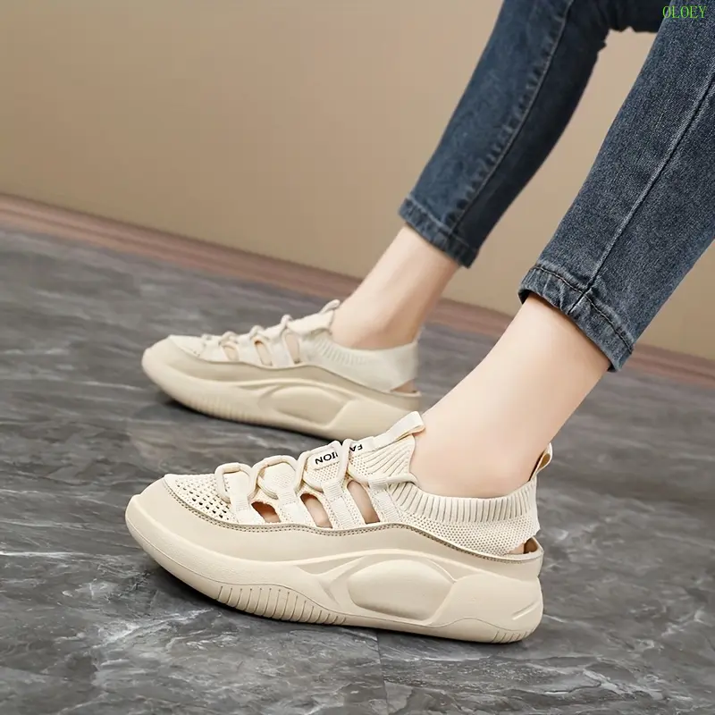 OLOEY Women's Breathable Low-Top Sneakers - Intricate Mesh & Flying Holes Design, Beige Synthetic Cover/Fabric Upper, Lightweight EVA Insole & Durable Rubber Sole for Spring/Summer Casual Shoes, Ladies Sneakers, Summer Footwear, Sporty Look, Comfortable F 3