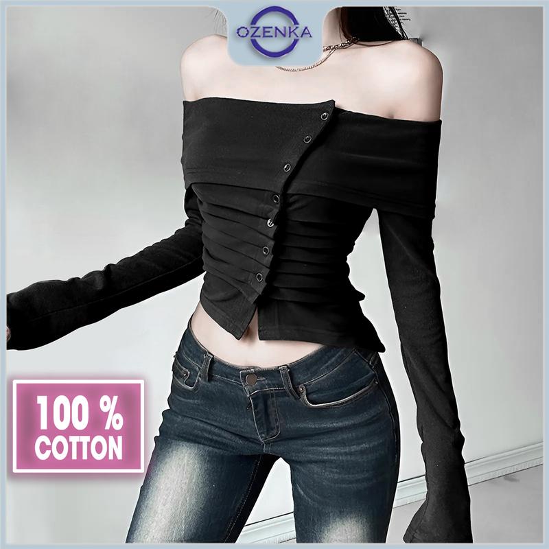 Áo croptop kiểu trễ vai tay dài nhún eo gợi cảm ôm nữ ozenka , áo crt phong cách Hàn Quốc sang chảnh cotton đen trắng Women Thun Jean Shirt Voi Sơ Mi