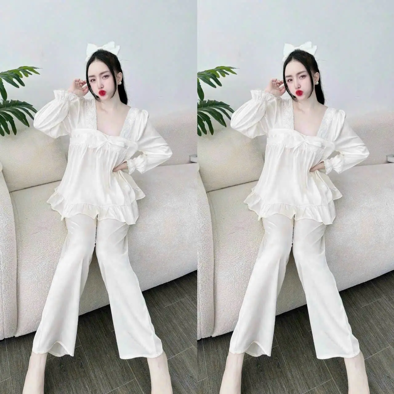 Đồ bộ mặc nhà cổ vuông ren phối nơ ruy băng chất LỤA SATIN tay dài quần dài cho nữ dưới 60kg pijama ngủ