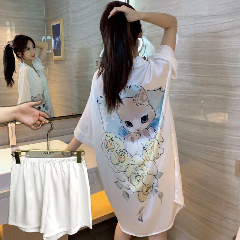 Product Introduction of Sexy pajamas, women's summer short sleeves, high-quality sweet cartoon print, can be worn outside, large size shirt, nightdress, home wear 15