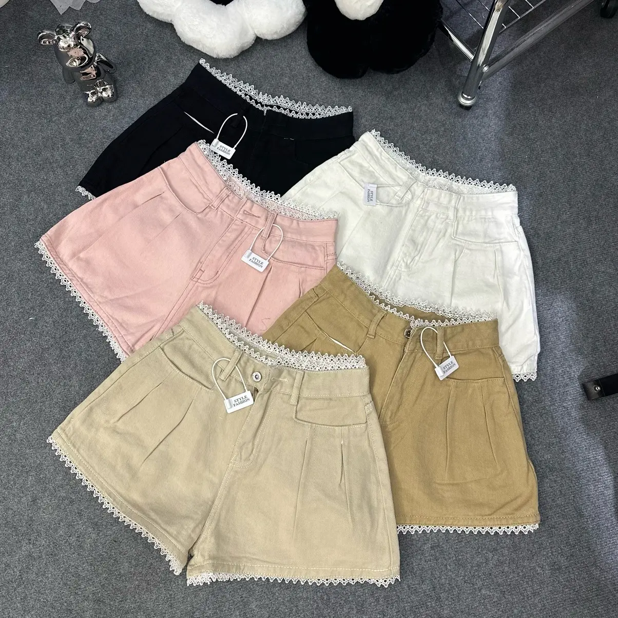 Quần Short Jeans Kaki Nữ Cạp Cao Phối Viền Ren Form Chữ A SML XL