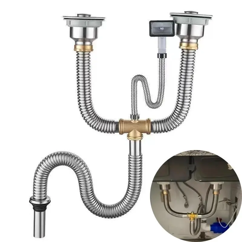Kitchen Sink Drain Assembly, Stainless Steel Double Sink Drain Pipe with Anti-odor & Anti-rat Bite Features, Easy Installation Kitchen Fixture Set