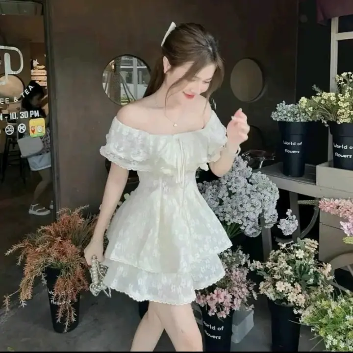 Sét Áo Trễ Vai Ren Hoa Nhí Bèo Ngực Kèm Quần Nữ
