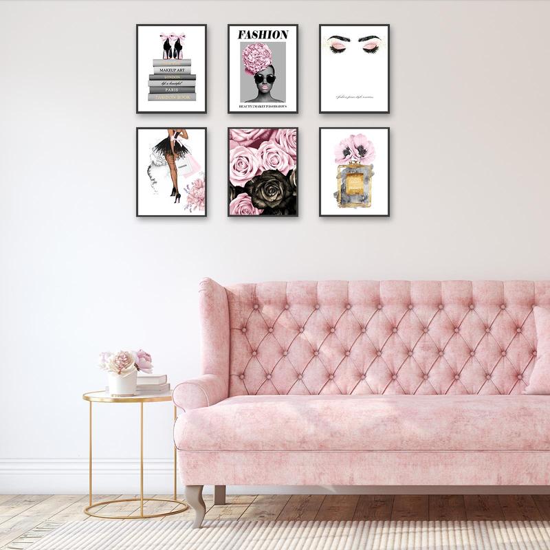 Fashionable Figure & Floral & Perfume Pattern Unframed Painting, 6 Counts Home Decor Trendy Canvas Wall Art Print Artist Posters, Bedroom Decorations 4