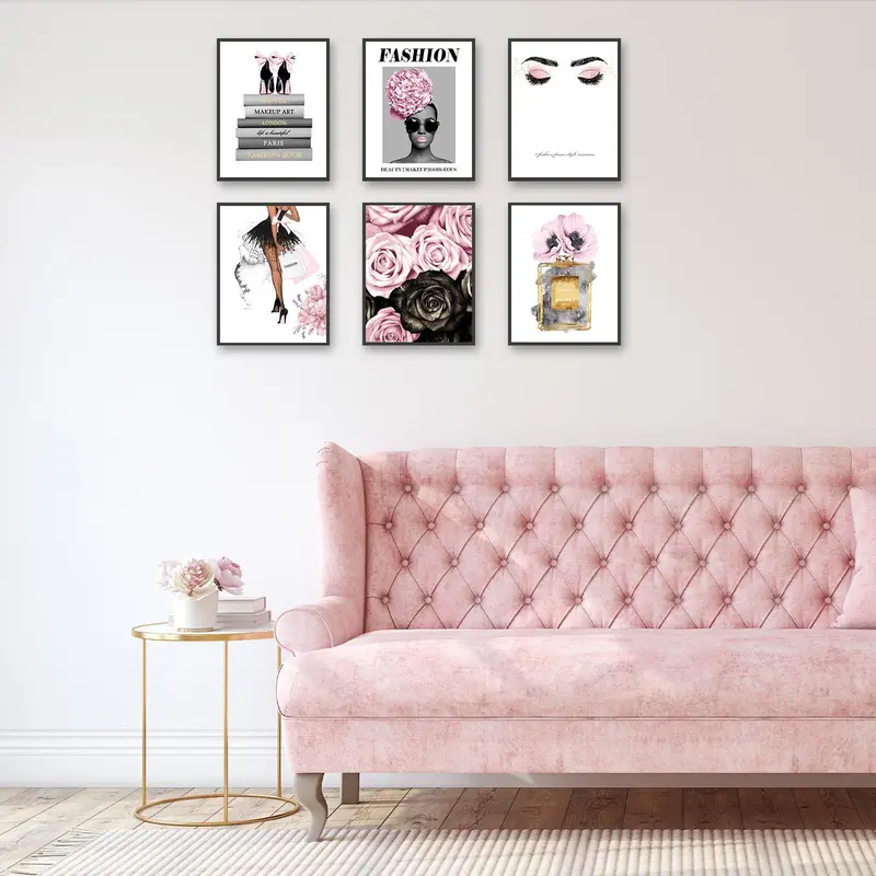 Fashionable Figure & Floral & Perfume Pattern Unframed Painting, 6 Counts Home Decor Trendy Canvas Wall Art Print Artist Posters, Bedroom Decorations 4