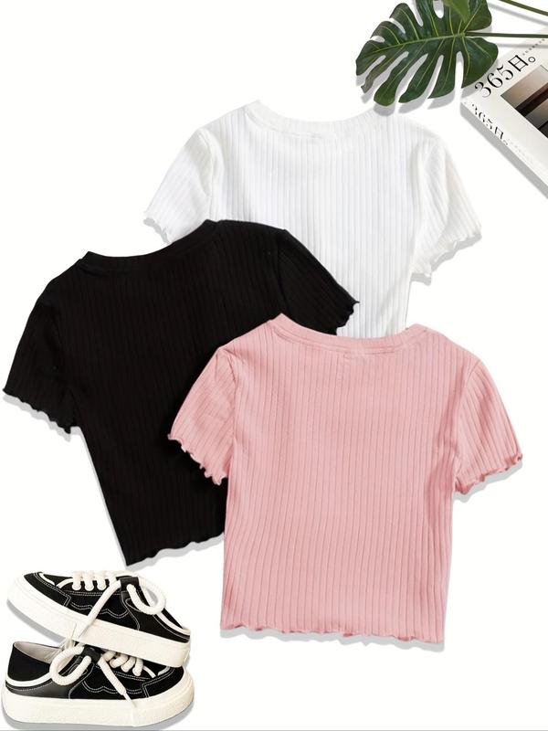 Women's Solid Lettuce Trim Round Neck Ribbed Tee, Casual Short Sleeve Crew Neck T-shirt for Summer, Fashion Women's Top for Daily Wear 7
