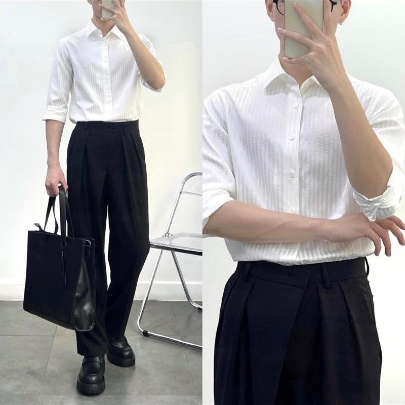 Áo sơ mi nam tay dài có cổ chất vải thô xốp, form ôm dễ phối đồ phù hợp đi đám tiệc và sự kiện Menswear Short