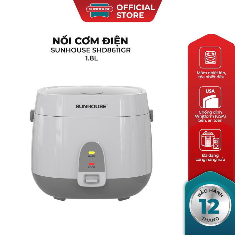 Nồi cơm điện 1.8L Sunhouse SHD8611GR - Lòng nồi: 1.0mm, chống dính 2 lớp vân đá, 4-6 người dùng - Sản xuất tại Việt Nam