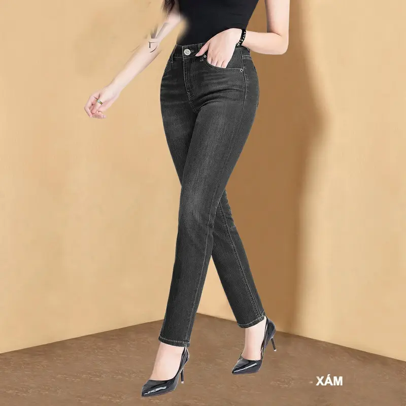 Quần Jean Nữ Trơn Lưng Cao Cotton Co Giãn 4 Chiều Dáng Skinny Hàng Thiết Kế Women Pants 3
