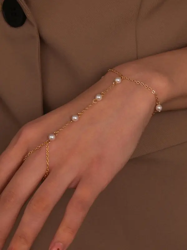 Faux Pearl Decorated Ring Linked Bracelet, Adjustable Fashion Accessories for Women & Girls, Matching Bracelet for Party, Daily Clothing Decor, Trendy Cool Female Accessories for Birthday Gift 0
