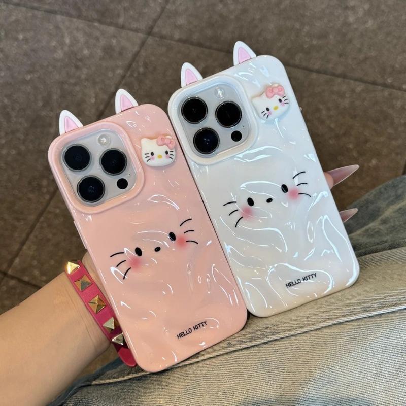 Ốp Điện Thoại Búp Bê Mèo KT, Màu Hồng, Dành Cho iPhone 16, 15, 14, 13, 12, 11, Pro Max, Plus, XR, X, XS Max, Chất Liệu Silicon Mềm, Thiết Kế Nhăn, Ốp Lưng Chống Sốc