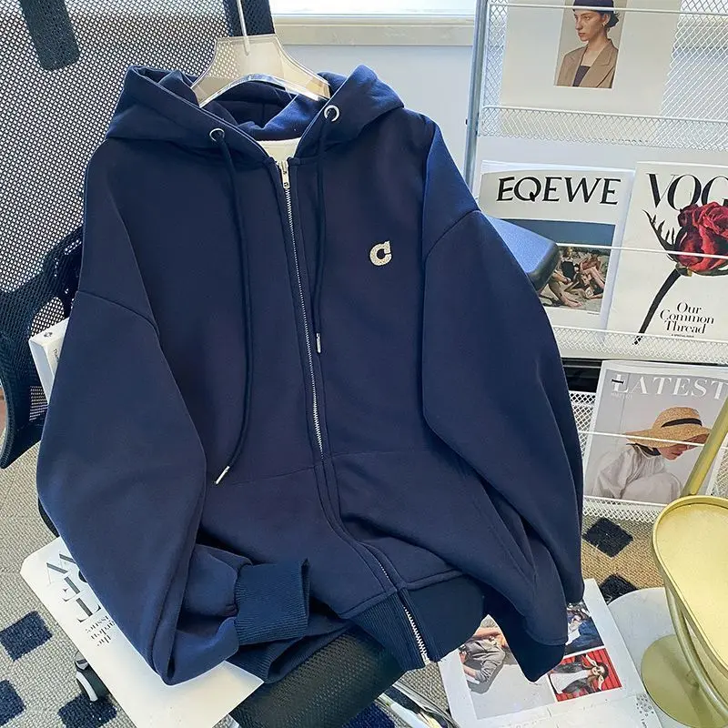 Kot Biru Laut, Rekaan Cantik, Longgar, Gaya Zip, Sweater Bertudung Retro, Sesuai untuk Lelaki dan Wanita, Musim Luruh dan Musim Sejuk, Ketibaan Baru, Dilapisi Bulu, Fesyen
