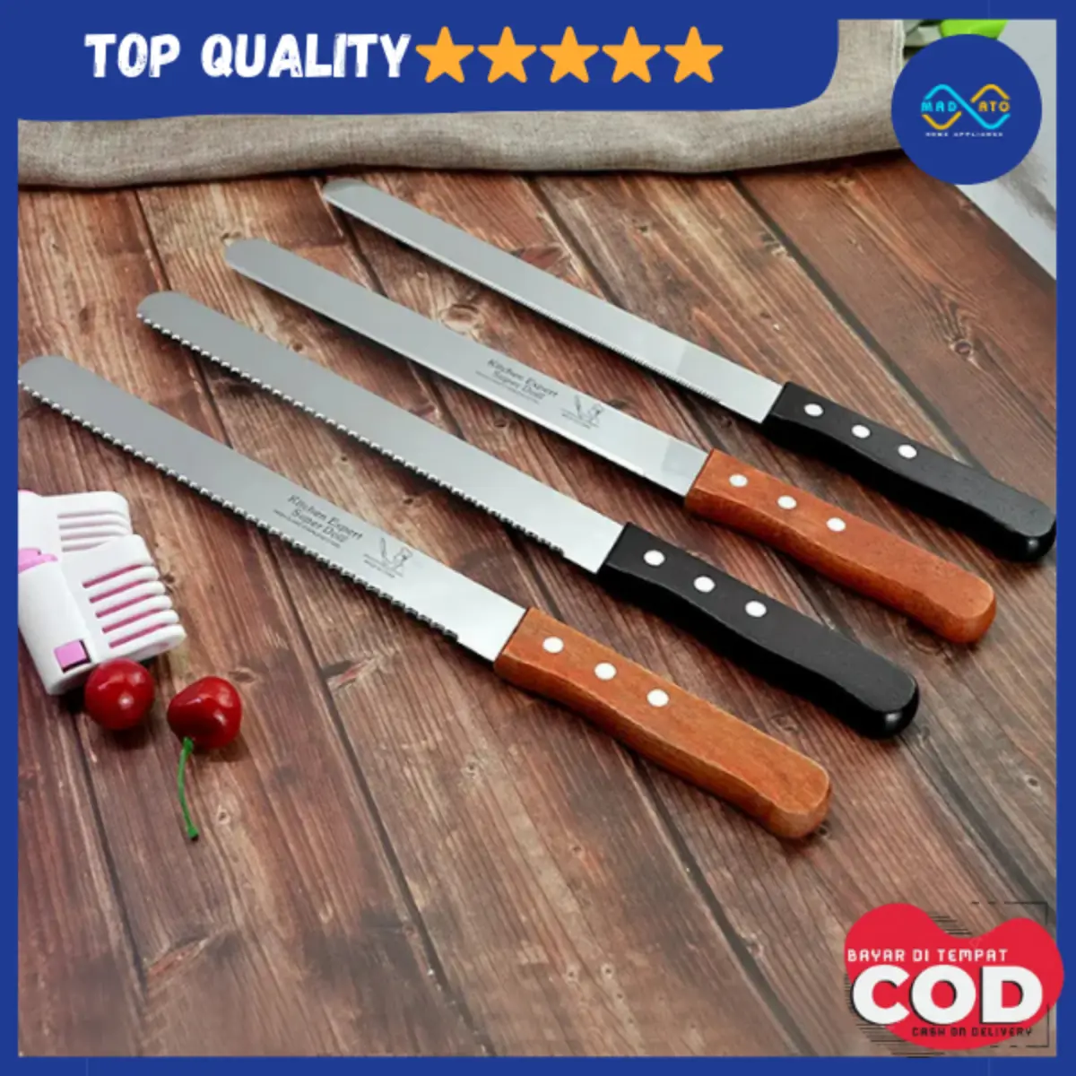 Pisau Roti Gerigi Kue Cake Keju Gagang Kayu Panjang Bahan Stainless Steel Serrated Cake Knife Bread Cheese Cutter Serbaguna TERLARIS TERMURAH Plastik