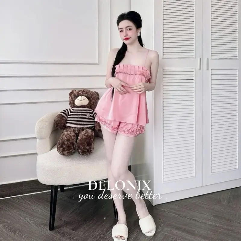 B17 Bộ đồ ngủ lụa pijama xếp ly 2 dây cute sang chảnh tôn dáng cao cấp chuẩn hàng bộ ngủ DELONIX 2