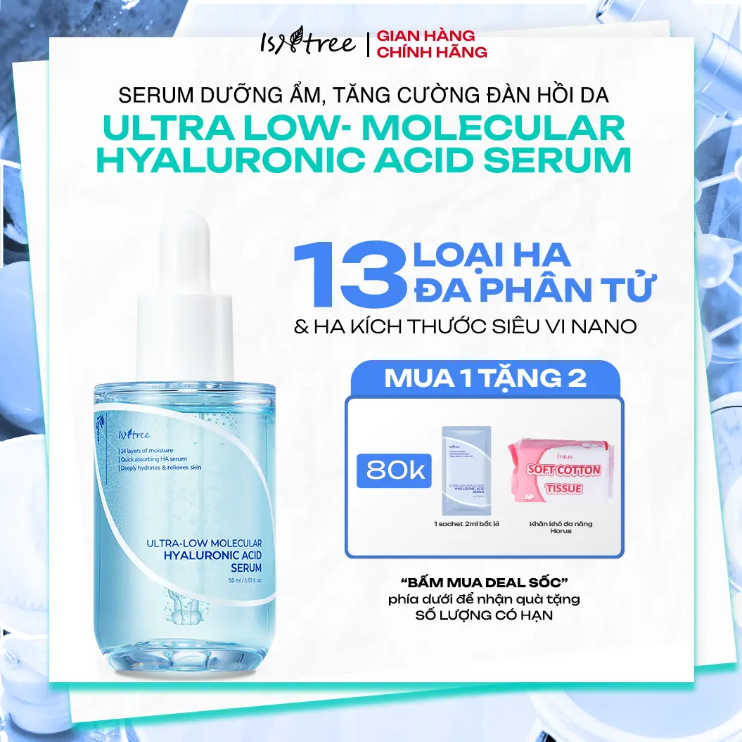 [Tặng 1 Hộp khăn khô 80pcs+1 Sachet 2ml] Serum Tinh chất cấp nước căng bóng da Isntree Ultra-low Molecular Hyaluronic Acid Serum 50ml
