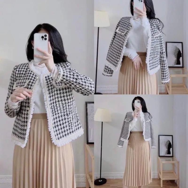 Áo dạ khoác Tweed ziczac viền trắng dễ phối đồ Nữ Women