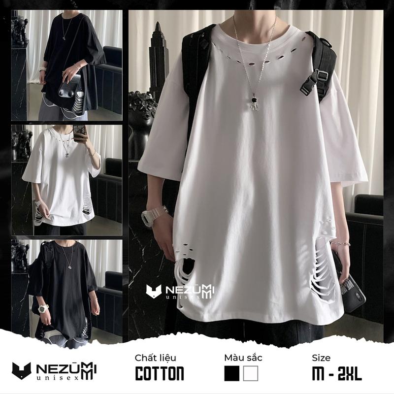  AC22 Áo phông tay lỡ rách gấu tạo layer unisex Menswear Nam 