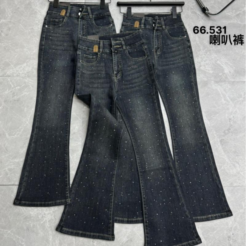 Quần jean nữ ống loe đính đá bling màu xanh bụi, lưng siêu cao hách dáng 5
