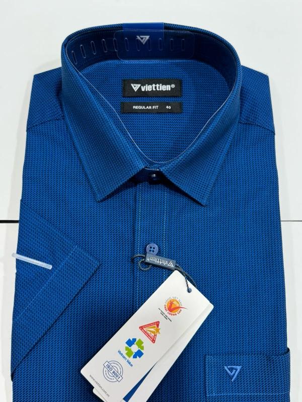 Product Introduction of Áo sơ mi công sở nam ngắn tay màu xanh cao cấp Việt Tiến - 2171- fom regular fit  vạt ngang, vải cotton và polyester, thoáng mát - Menswear 14