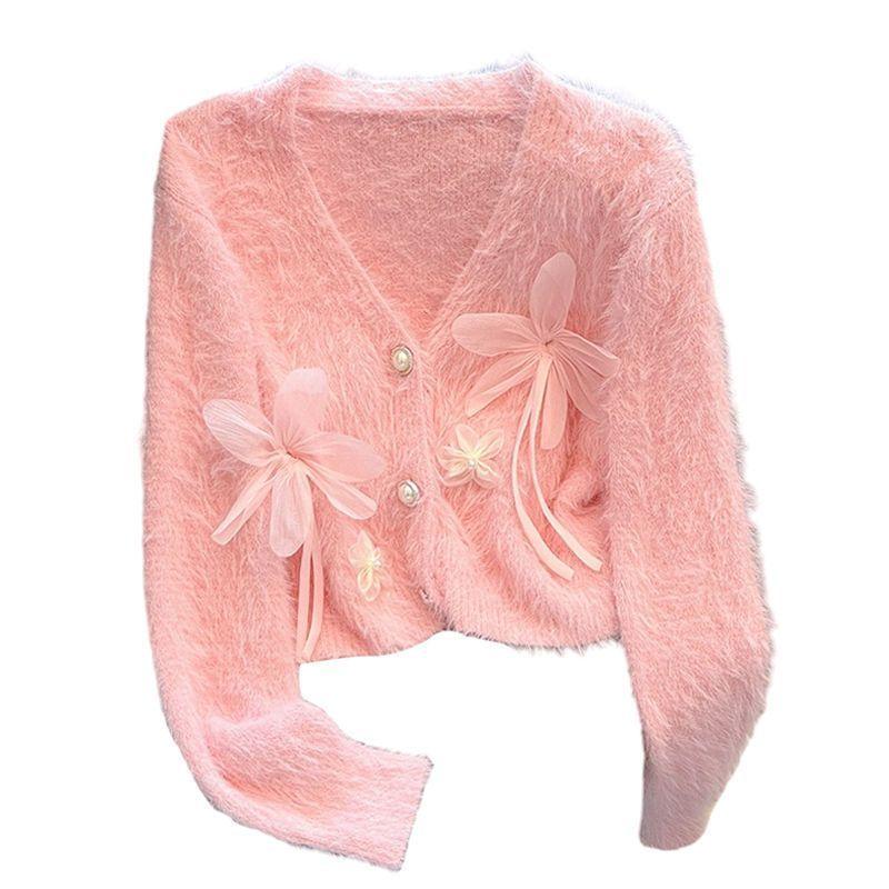 Áo Cardigan Dệt Kim Lông Chồn Giả, Ehnz, Thiết Kế Hoa Ba Chiều Ngọt Ngào, Dành Cho Nữ, Thích Hợp Cho Mùa Thu Và Mùa Đông, Cao Cấp, Thanh Lịch Và Sang Trọng, Áo Khoác Len 4