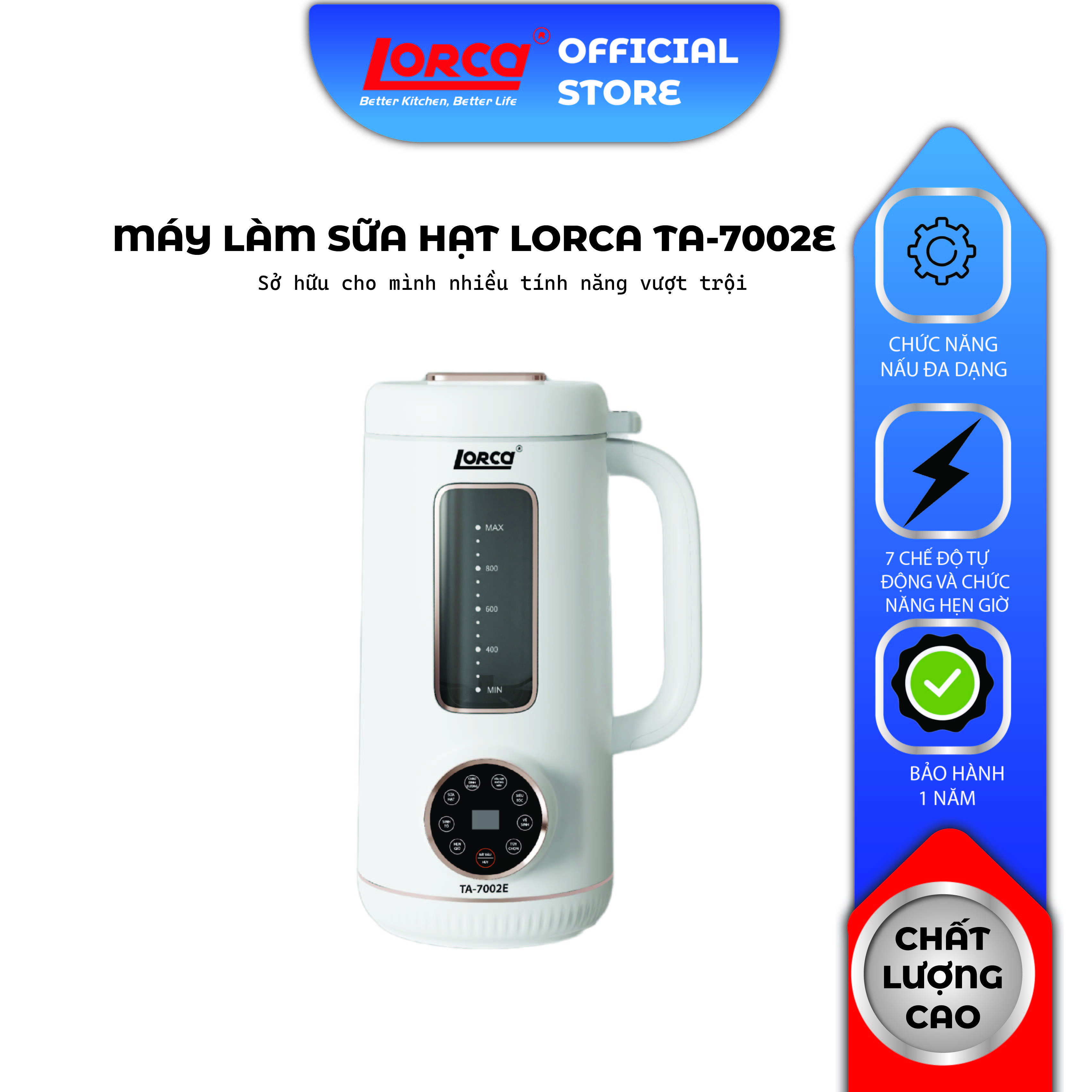 Máy làm sữa hạt Lorca TA 7002E máy xay nấu đa năng 1.2 lít có 7 chức năng, không ồn bảo hành 2 năm