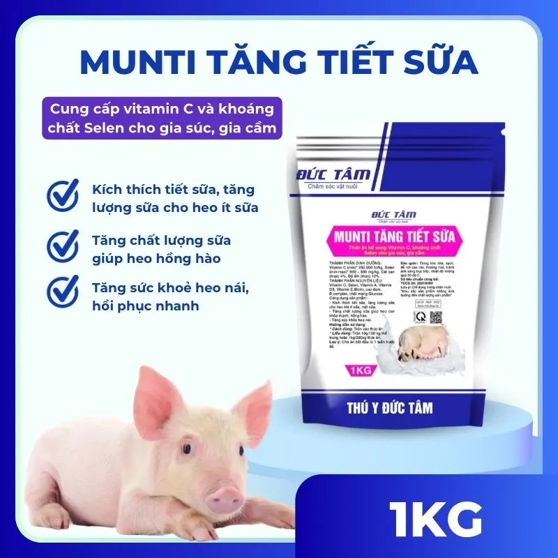 Munti tăng tiết sữa Đức Tâm gói bột pha 1kg dành cho heo nái bị mất sữa, ít sữa