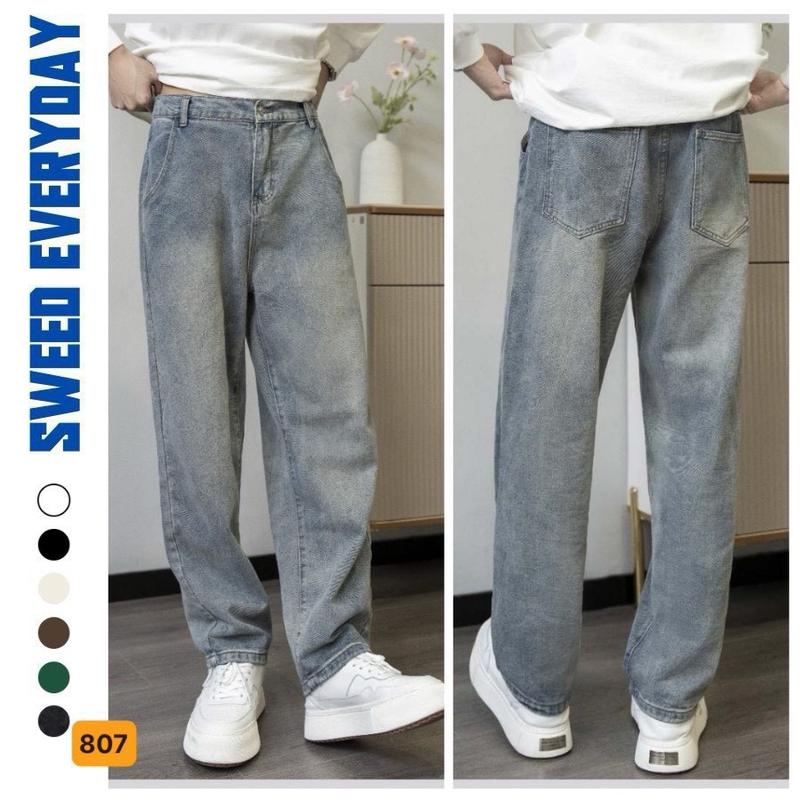 Quần baggy jean nam ống suông xanh trơn cao cấp- chất denim co giãn tốt phong cách hàn quốc- ms 807