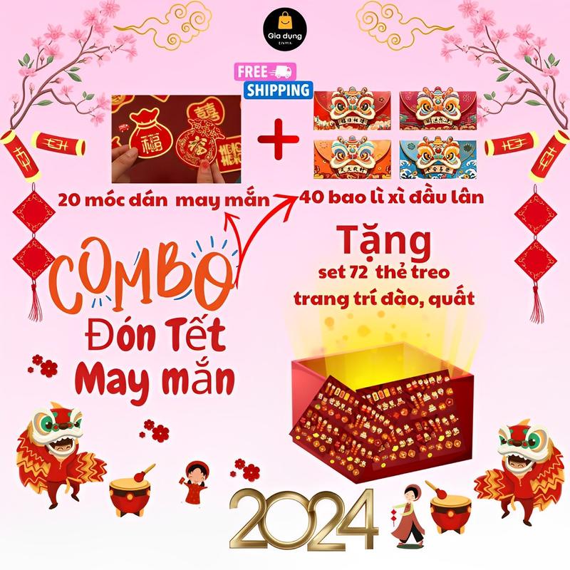combo 20 miếng dán tường tiện ích chữ phúc, lộc, thọ trang trí ngày tết kèm 40 bao lì xì đầu lân 2024 / chịu lực tốt / free ship Tranh / Tặng set 71 thẻ treo đào quất