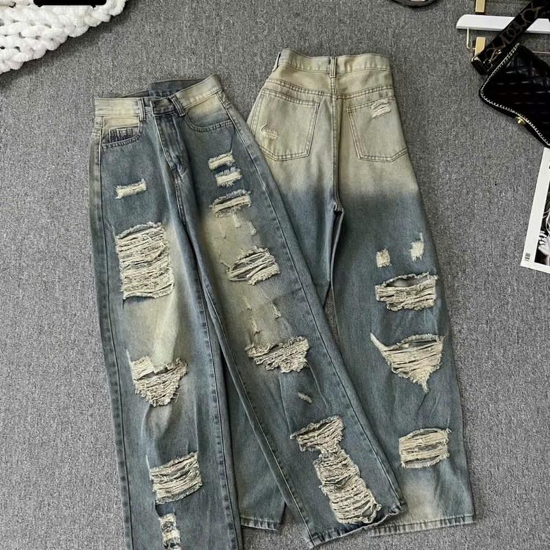 Quần baggy Jean nữ ống rộng lưng cao Wash rách tua tua trước sau - Quần jean nữ ống suông rách kiểu màu xanh bụi nhẹ chất jean mềm TH5349