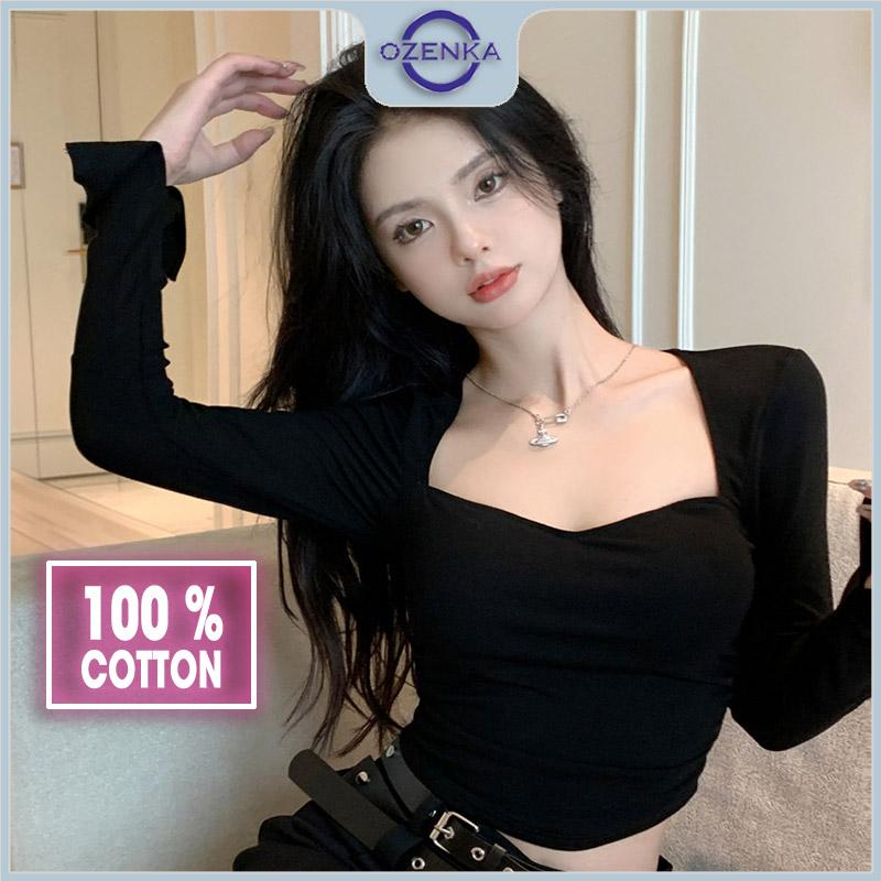 Áo croptop cổ vuông tay dài vạt bầu nhún eo OZENKA ao crt loptop ôm body cotton màu đen trắng dưới 55 cân Cổ Tròn Thun Nữ Shirt Áo Thun Sơ Mi Denim Women